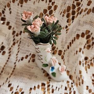 Vintage Bisque Porcelain Floral Miniature Lace Up Boot Vase